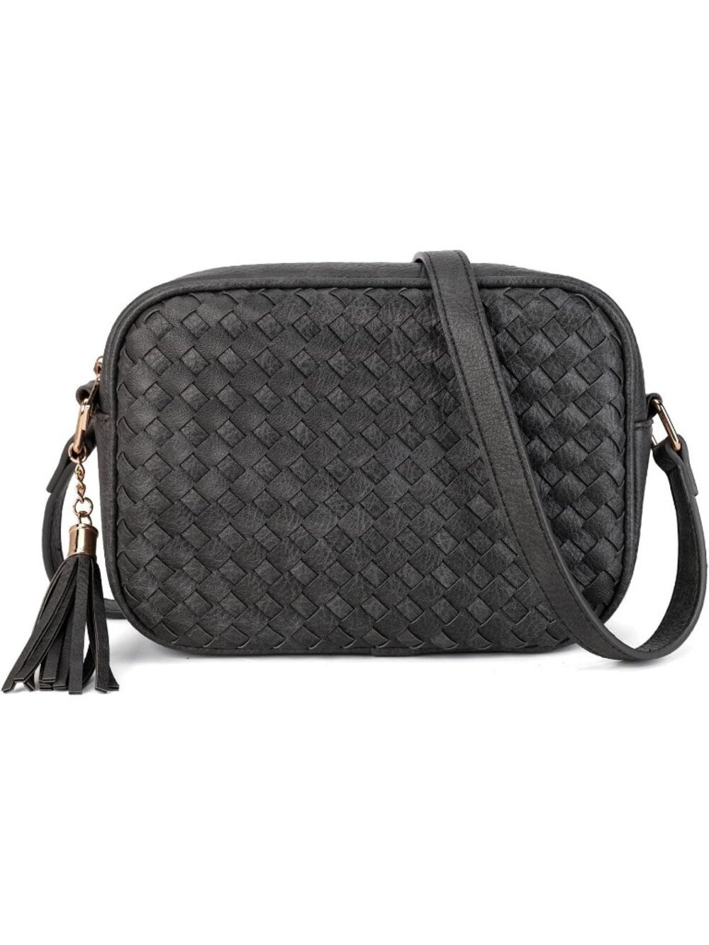 Women's Dark Grey Woven Small Boho Purse Vegan Zipper Leather Crossbody Bag